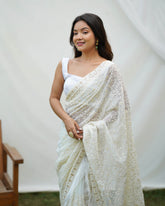Primrose Milky White Heavy Chikankari Worked Georgette Saree